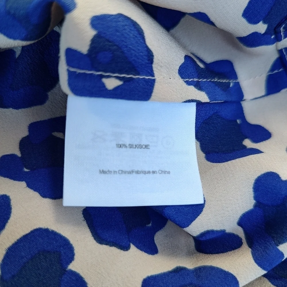 Tory Burch Robin Silk Blue Cheetah Print Long Sleeve Tunic Blouse Women's Size 2